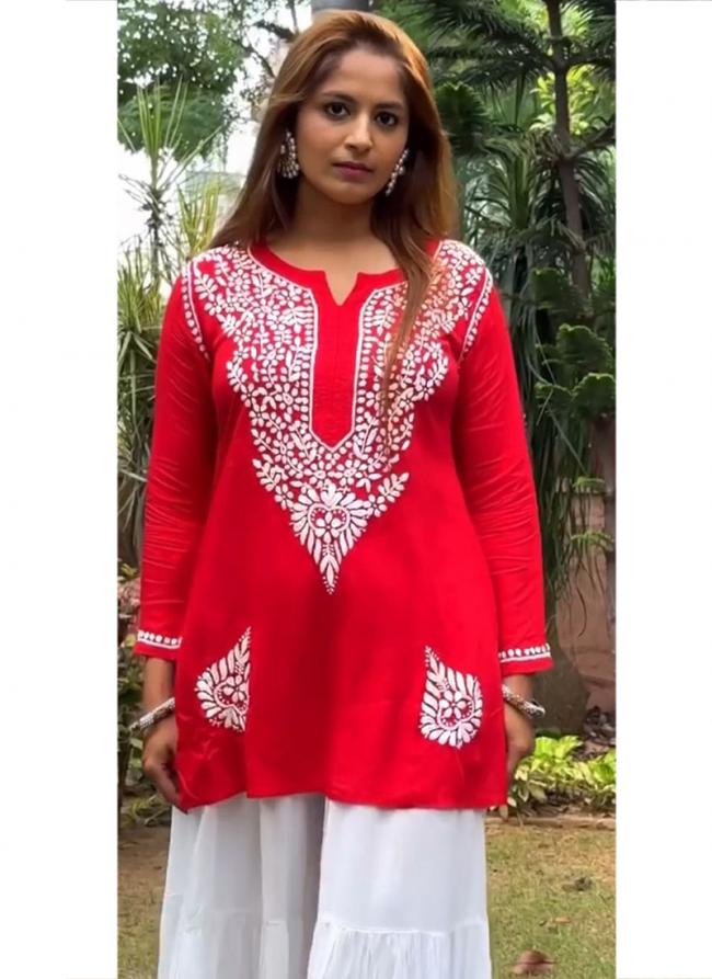 Rayon Red Casual Wear Embroidery Work Readymade Kurti With Sharara